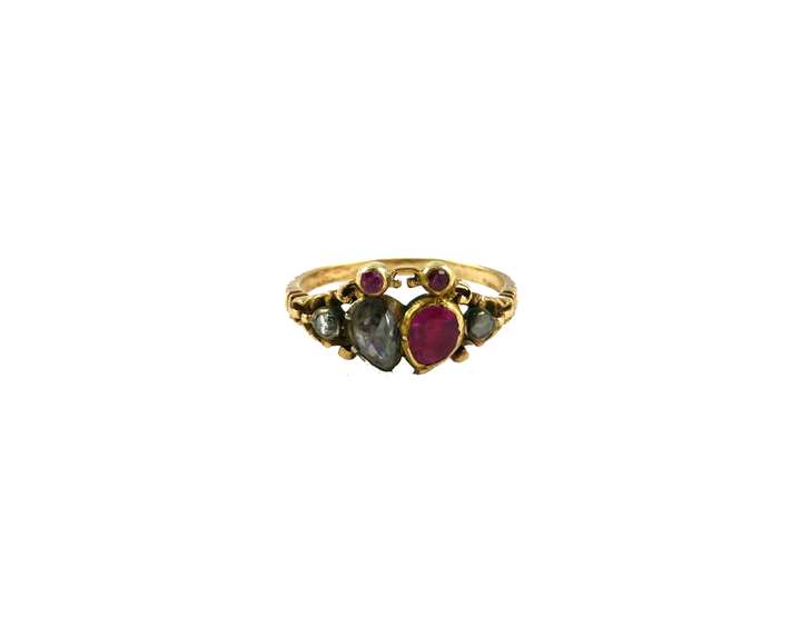18th century ruby and diamond double heart ring